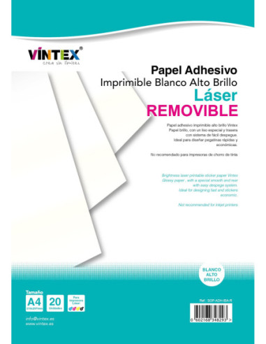 Papel Adhesivo Imprimible Blanco Alto Brillo láser REMOVIBLE