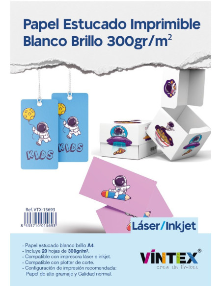 Papel Estucado 300gr/m² Imprimible Láser/Inkjet 20uds Vintex